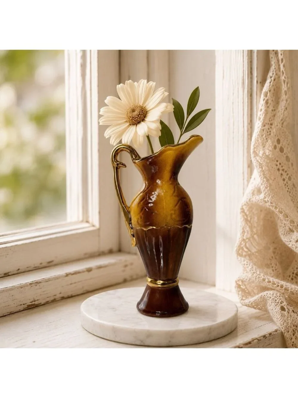Vintage Mini Bud Vase 23K Gold Ceramic Ewer Pitcher Brown Amber Floral
